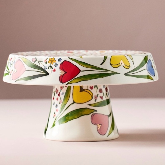 Anthropologie Mud Fairy Blooming Hearts Cake Stand Glazed Stoneware Floral NWT - Picture 3 of 11